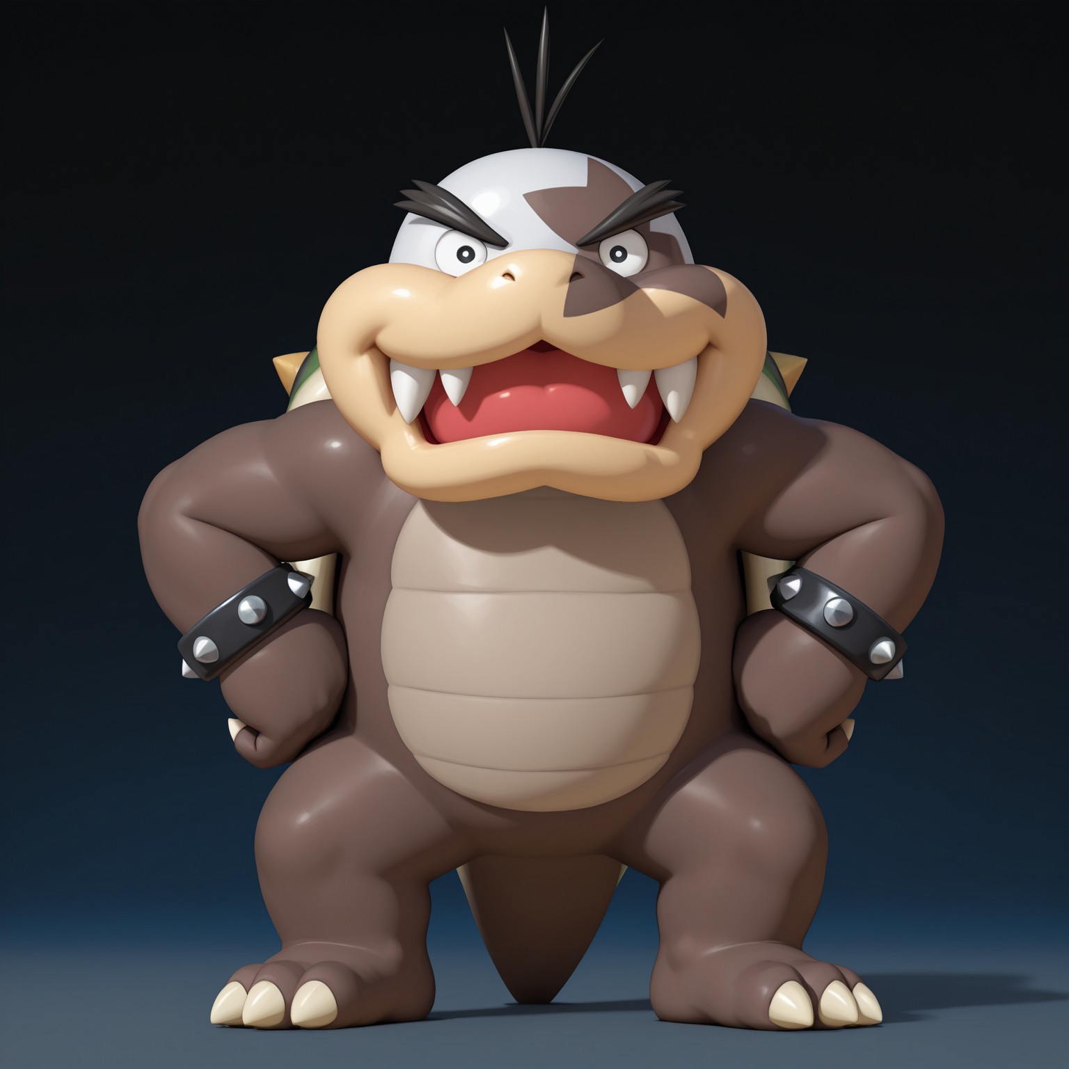 Mortonjr, 2d, solo, 1boy, male, fangs, shelled, black spiked shell, tail, spiked bracelets, hair strands, black eyebrows, scalie, brown skin, white head, fangs, sharp teeth, fangs, claws, toe claws, black pupils, 3 toes, black hairs 

BREAK standing, looking at viewer, hand on hips, grinning 