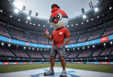 masterpiece, absurd res, best quality, newest, 2024, 8k, 4k, solo male, solo, BallGuy, poke ball helmet, dark skin, shorts, red collared shirt, holding poke ball, one arm outstretched, one hand out, holding, hand in pocket, standing, grey shoes, pokemon battlefield, stadium, crowd, nighttime, spotlights, advertisements, banners, Jumbotron,