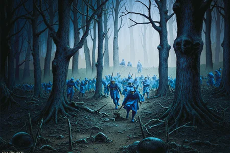 Illustration. Surreal. Deep in the forest, the Poilus press forward through a landscape that feels as though it has been cursed. The once lush and vibrant trees now stand as blackened husks, their twisted branches clawing at the sky, while the ground beneath the soldiers' feet is thick with mud and the remnants of barbed wire. The air is unnaturally still, save for the distant thump of artillery that sends vibrations through the earth. Fog snakes through the trees, mixing with the smoke of distant fires, creating a disorienting haze that obscures the world beyond a few feet. The soldiers' blue uniforms, covered in grime, are the only points of color in this monochrome wasteland, their helmets glistening with dew and ash. Their faces are hardened, shadowed by exhaustion, but their eyes reflect a quiet defiance as they move through the forest's hellish remains, bayonets glinting in the ghostly light. The once natural beauty of the forest has been transformed into something malevolent, an endless maze of death and destruction. <lora:metal_hurlant_v1:0.75> <lora:french_soldier_flux_v1:1.25>