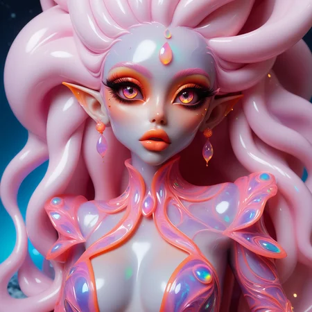 <lora:CrystalStoneD:0.8> beautiful elf girl with big detailed eyes and huge lips , marble stone skin , beautiful alien elf girl with big detailed eyes and huge lips , photoshoot editorial of cosmic style, where alien-esque models meld with flowing lava lamps and dynamic plasma, crafting an entrancing visual symphony. Merge 90s nostalgia, surreal makeup art, and glossy textures into a neon-soaked masterpiece that defies reality ,8k, extreme detailed , colorful , highest detailed