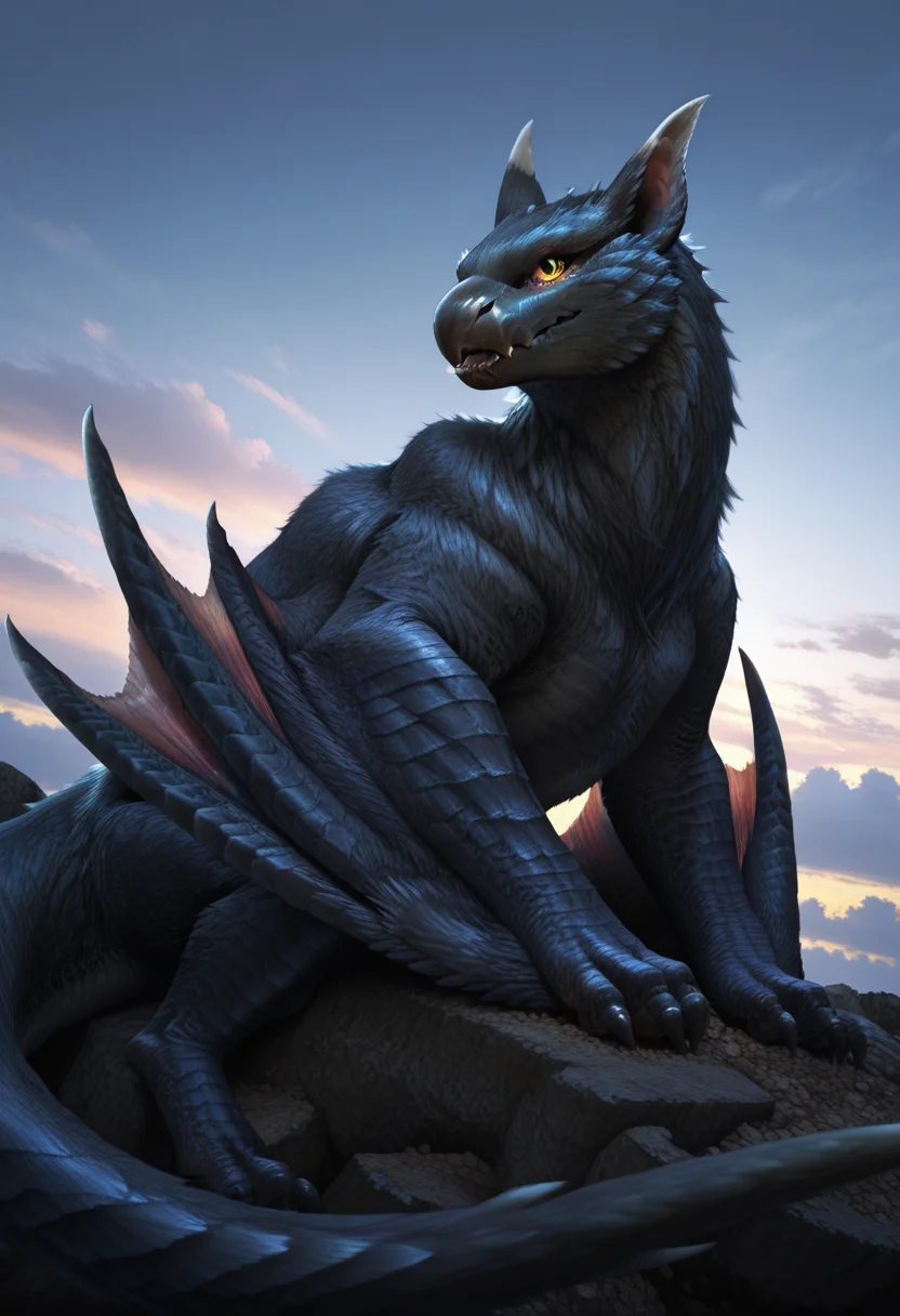 Graphic Design, color art, vibrant colors, colorful, intricate details, high contrast, detailed background, beautiful detailed, photorealism, photorealistic, detailed fur, new, n4rg4cug4, dragon, animal focus, yellow sclera, black fur, fangs, claws, wings, winged arms, tail, no humans, sky, clouds, sitting, looking at viewer, cowboy shot, (masterpiece, best quality, newest, recent, absurdres),