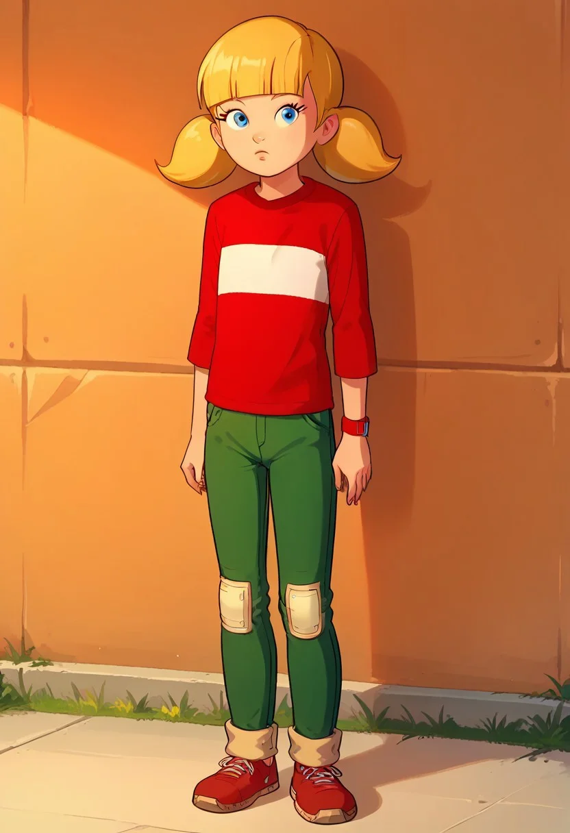 score_8, score_8_up, score_7_up, score_6_up, source_cartoon, venture bros, BREAK, 1girl, solo, female focus,, penny_ig, blonde hair, twintails, blue eyes, red shirt, (stripe:1.5), pants, knee patch, child, full body