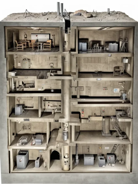 csu, bunker under a house, nuclear fallout shelter, cross-section, from the side, underground, best quality, masterpiece,