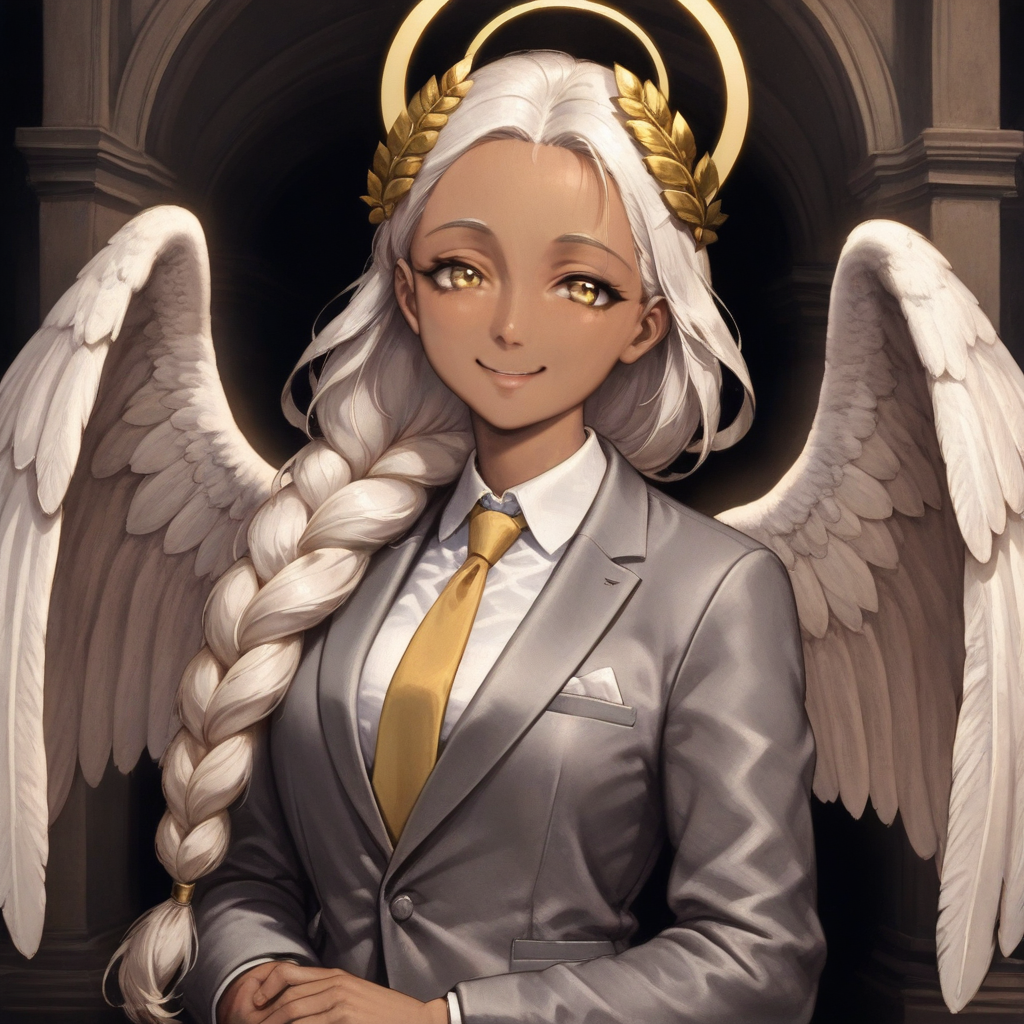 masterpiece, best quality, newest, absurdres, highres, ROPV1.0, 1girl, dark skin, dark-skinned female, grey suit, suit official attire, official clothes, nectie, yellow necktie, white hair, long hair, braid, single braid, angel, angel girl, halo, wings, angel wings, smile, happy, open eyes, golden eyes, laurel crown,