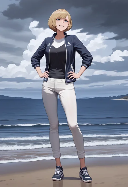 masterpiece,best quality,high quality,1girl, <lora:GTA5AMIL:0.8>,GTA5AM,standing,hands on hips,evil grin,short hair,blonde hair,jacket,shirt,open jacket,white pants,on beach,full body,shoes,cloudy skies