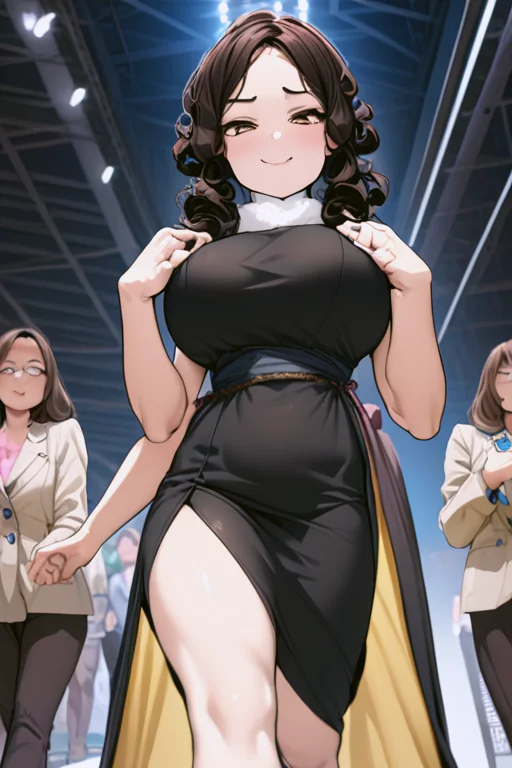 anime, best quality, (masterpiece:1.4), (high quality:1.4), sharp focus, 4k, absurd resolution, detailed hands, curly hair, long hair, black hair, pale skin, 1girl, mature female, smug, (parted hair), (round face), (no bangs), (solo), <lora:ETO_OC_XL:0.7>, looking at viewer, hazel eyes, (walking,catwalk,the runway,fashion show), (coy), (View from below)