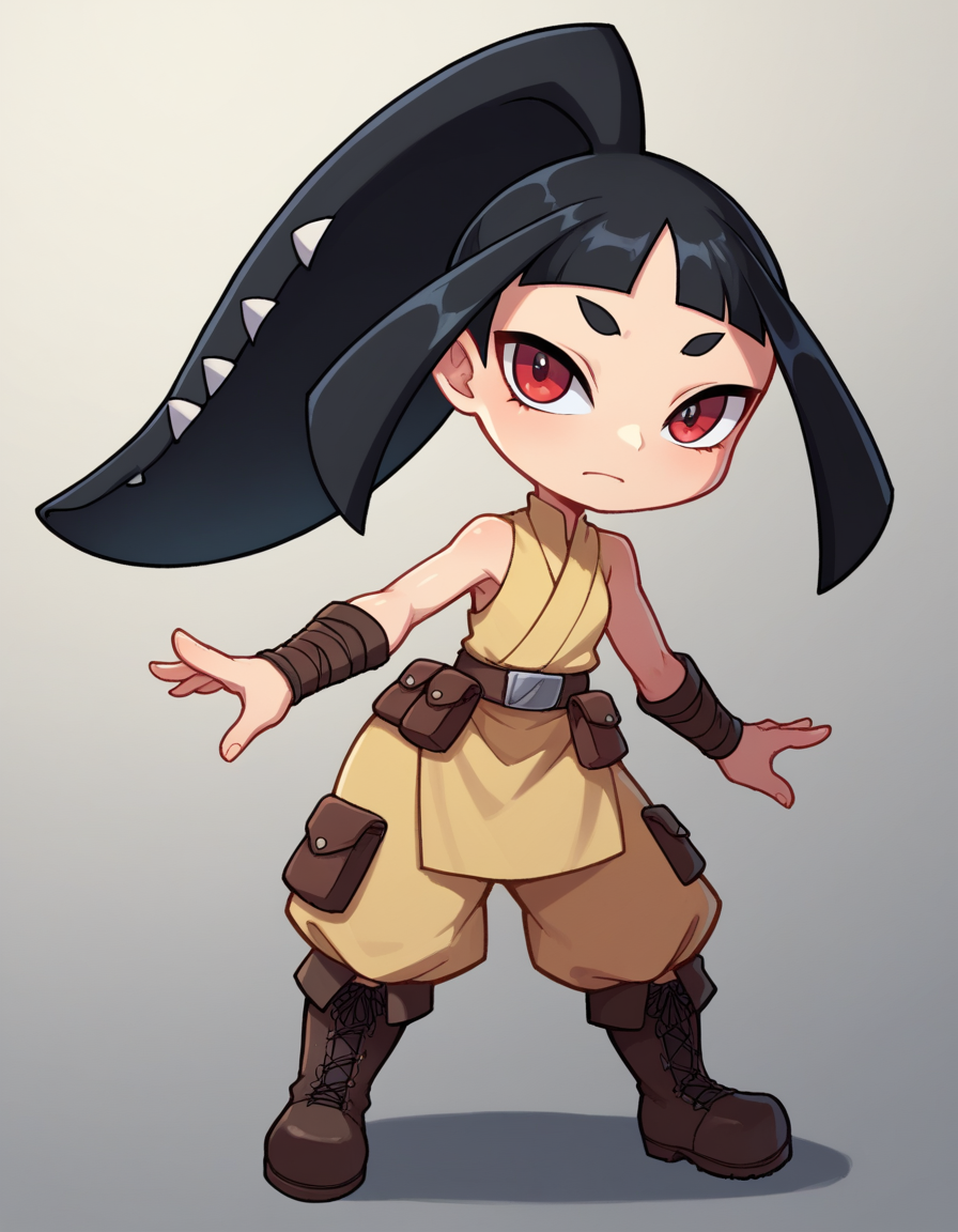 zPDXL, score_9, score_8_up, score_7_up, source_anime, 1girl, solo, 
<lora:Gijinka Mawile v1:0.6> mawile, black hair, blunt bangs, ponytail, red eyes, shortstack, jedi wearing a battle-worn Jedi robe,utility Jedi belt with pouches,reinforced combat boots,  leather bracers, holding dual lightsabers,