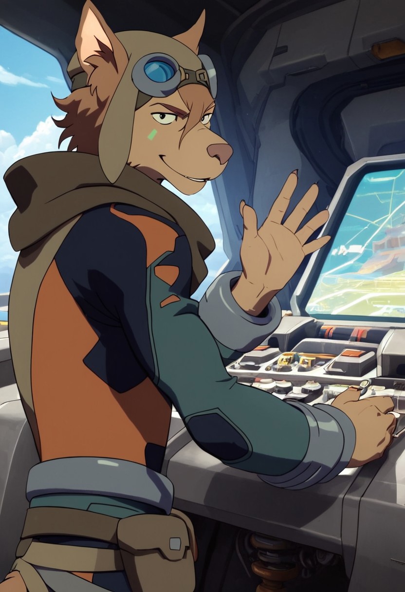 olia_voltron_gogglesOFF, 1girl, female furry, anthro, canide, golden fur, brown animal ears, brown hair, black eyes, small yellow tattoos on each cheeks, claws, long tail, pilot helmet and goggles, brown scarf, green and orange suit, pocket belt, score_9_up, score_8_up, score_7_up, standing, looking at viewer, smiling, smug, waving at viewer, female focus, ultra detailed, detailed background, spaceship cockpit background, masterpiece, best quality, 8k, Expressiveh, realistic, 3d,