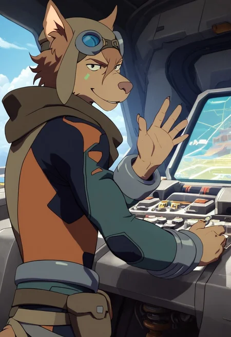 olia_voltron_gogglesOFF, 1girl, female furry, anthro, canide, golden fur, brown animal ears, brown hair, black eyes, small yellow tattoos on each cheeks, claws, long tail, pilot helmet and goggles, brown scarf, green and orange suit, pocket belt, score_9_up, score_8_up, score_7_up, standing, looking at viewer, smiling, smug, waving at viewer, female focus, ultra detailed, detailed background, spaceship cockpit background, masterpiece, best quality, 8k, Expressiveh, realistic, 3d,