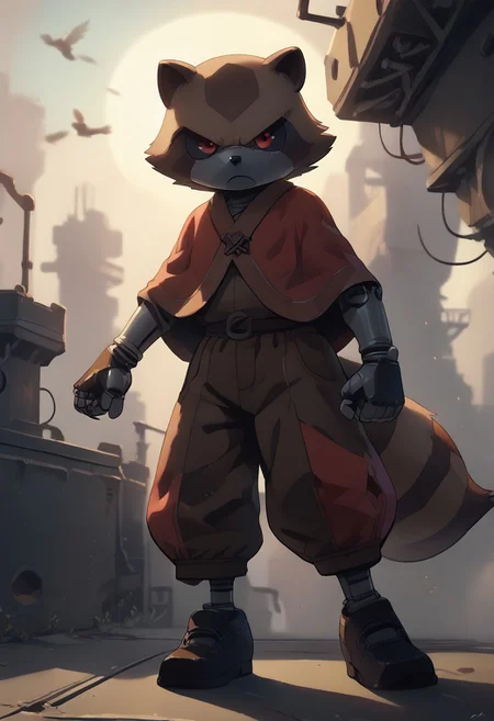 score_9, score_8_up, score_7_up, (best quality:1.1), ultra-detailed, high resolution, 8K, ((tall, 6ft tall, no mouth)), Metal Raccoon, robot, brown beige metal skin, black sclera, red pupils, pointy metal nose, gray claws, green core, black shoes, fist, battle stance, arms at sides, floating, factory, fluffy raccoon tail, BREAK outside, Rich, Detailed background, ambient light