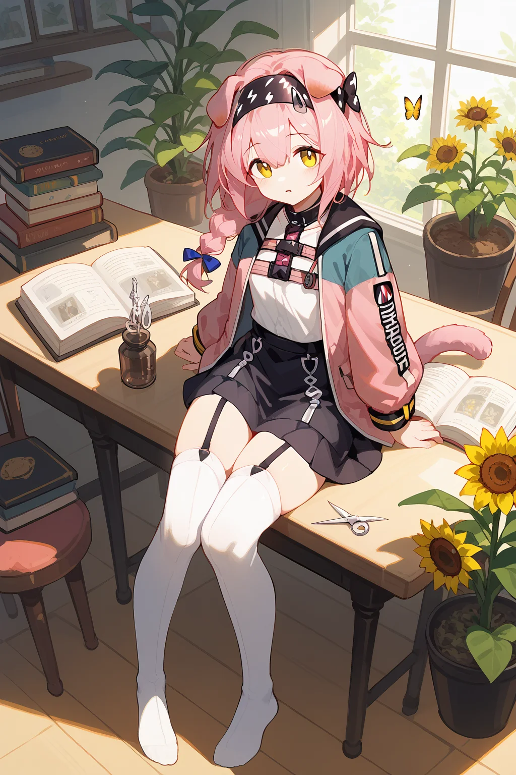 (score_9,score_8_up,score_7_up),<lora:Goldenglow(Arknights)-v1-000008:0.8>,goldenglow (arknights),1girl,scissors,animal ears,bug,solo,garter straps,cat ears,thighhighs,long hair,skirt,flower,white thighhighs,braid,butterfly,black skirt,pink hair,hairband,tail,cat tail,open book,long sleeves,book,jacket,pink jacket,animal,bow,blue bow,yellow eyes,cat,looking at viewer,black hairband,hair bow,cat girl,from above,plant,bangs,yellow flower,shirt,floppy ears,parted lips,multicolored jacket,pink coat,indoors,open clothes,potted plant,two-tone jacket,sunflower,staff,single braid,open jacket,cup,:o,multicolored clothes,holding,hair between eyes,table,white shirt,floating object,chair,
good feet,anime,NSFW,expressive,amazing quality,ultra hd 32k,