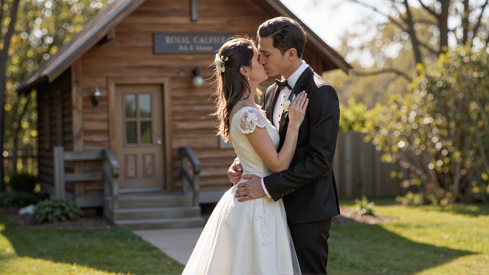 Candid photography of a couple embracing and kissing in front of a charming country chapel. The bride is wearing a stunning white wedding dress with intricate lace details with jet black hair, and the groom is dressed in a classic black tuxedo. They are standing in front of the small, wooden chapel on a sunny day. The bride's arms are crossed in front, and the groom's hands are gently placed on her waist. The soft sunlight illuminates the scene, creating a romantic and joyful atmosphere. The chapel and nature surrounding them add to the peaceful and loving moment. <lora:Sherry-00:1><lora:SelestaFlux1:1>