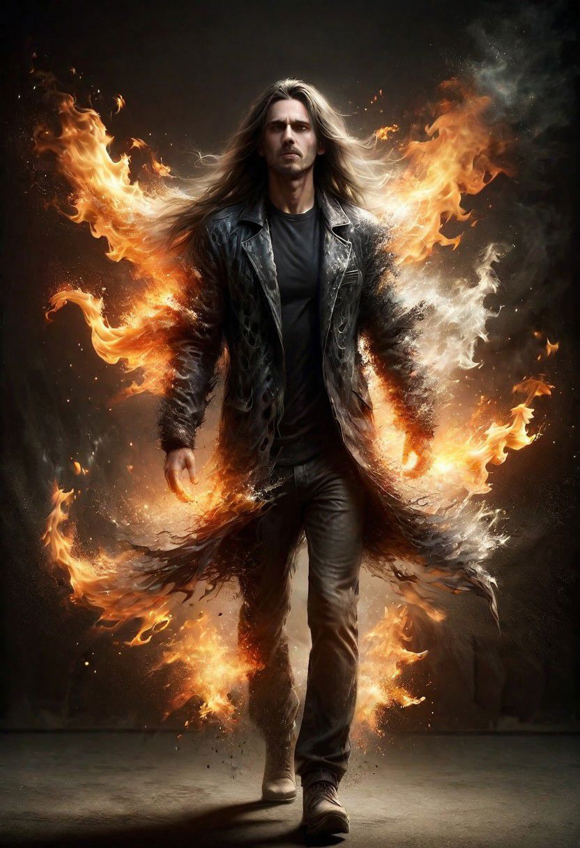 ral-dissolve, a man walks out of the flames, long hair, fluttering jacket, long tongues of flame, mystical dark mood, ral-vlntxplzn