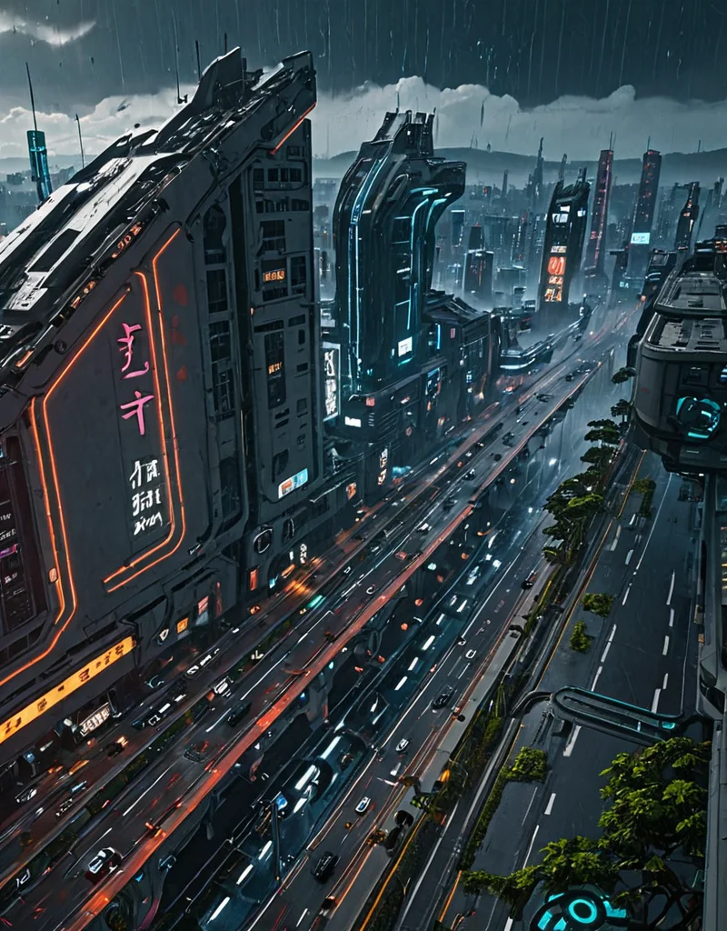 <lora:City_Worlds-1:1> realistic photo of citybkg, cyberpunk, ambiance, day, clouds, airships in the sky, detailed, elevated highway, design buildings, futuristic, above side view, high buildings, kanji, illuminated, vegetation, city lights, highway markings, mist, traffic, wet, rain,