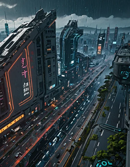 <lora:City_Worlds-1:1> realistic photo of citybkg, cyberpunk, ambiance, day, clouds, airships in the sky, detailed, elevated highway, design buildings, futuristic, above side view, high buildings, kanji, illuminated, vegetation, city lights, highway markings, mist, traffic, wet, rain,