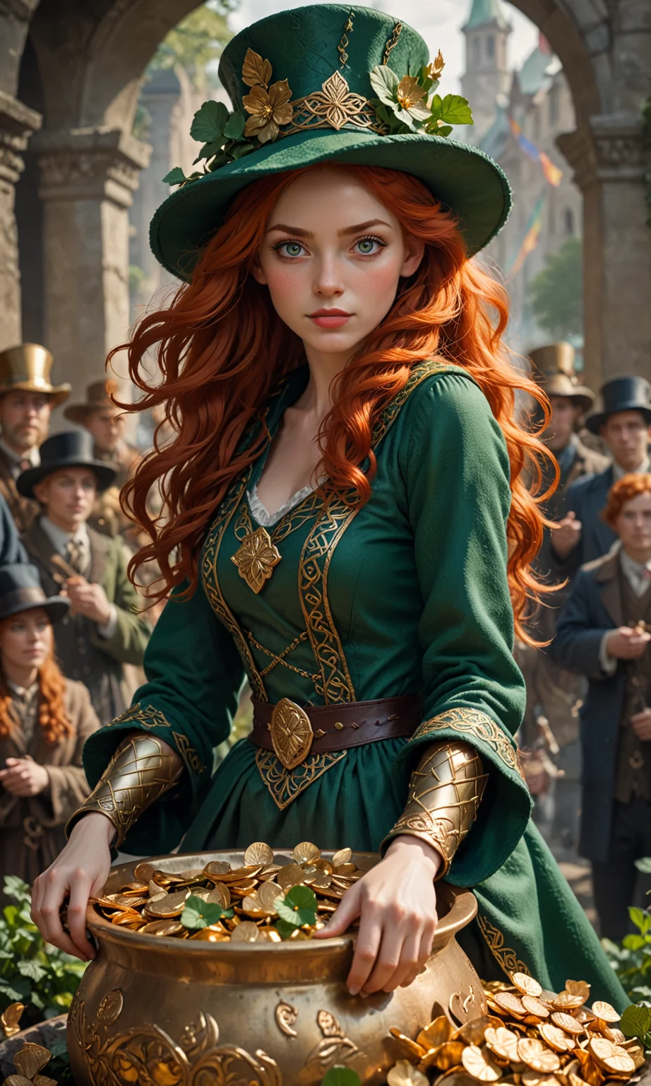 amazing quality, masterpiece, best quality, hyper detailed, ultra detailed, celtic, red head woman, red hair, green outfit, woman inside a big pot full of gold, San Patrick Day, 4 leaf clovers, green tall hat with gold buckle, rainbow in the background,