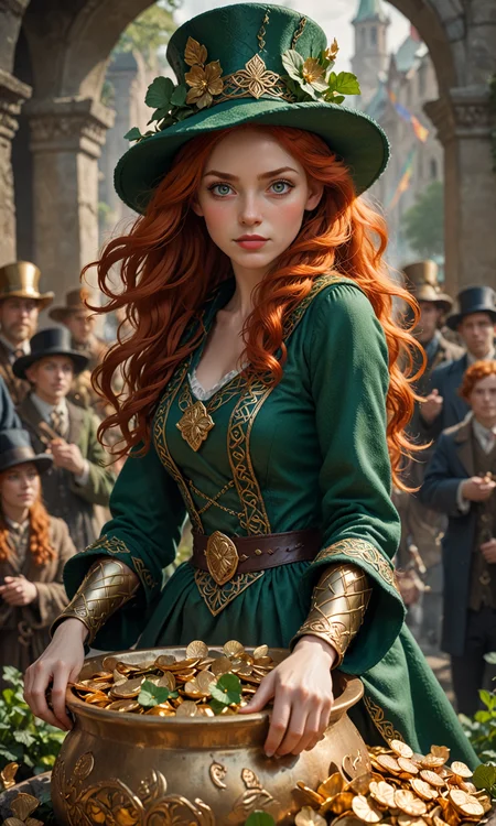 amazing quality, masterpiece, best quality, hyper detailed, ultra detailed, celtic, red head woman, red hair, green outfit, woman inside a big pot full of gold, San Patrick Day, 4 leaf clovers, green tall hat with gold buckle, rainbow in the background, 