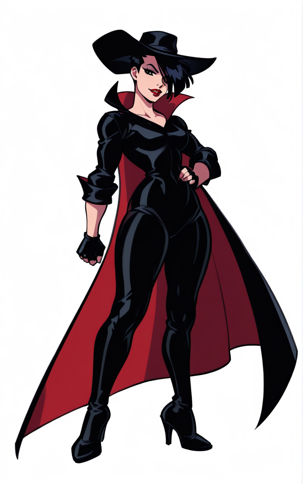 best quality, absurdres,full body, <lora:BolivanteStyleITS:0.8>,  <lora:CBXITS:0.8>, CBXITS, black gloves, gloves, fingerless gloves, heels, bodysuit, black bodysuit, cape, red cape, hat, black hair, makeup, lipstick, black headwear, red lips, short hair, hair over one eye, white background, standing, slim,black cape