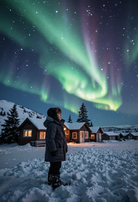 A quiet Arctic village of small, snow-covered cabins, illuminated by the soft glow of warm lights in their windows, sits under a dazzling display of the Northern Lights. Shades of green, purple, and blue swirl across the sky, reflecting off the snow-covered ground. In the foreground, a child stands alone in awe, bundled up in a heavy coat, looking up at the sky with wonder. Shot with a Hasselblad camera in cinematic lighting, this long-exposure photograph captures the beauty of human warmth nestled in a breathtakingly vast and ethereal natural spectacle<lora:Flux.1_Turbo_Detailer.safetensors:0.7000000000000001:0.7000000000000001>