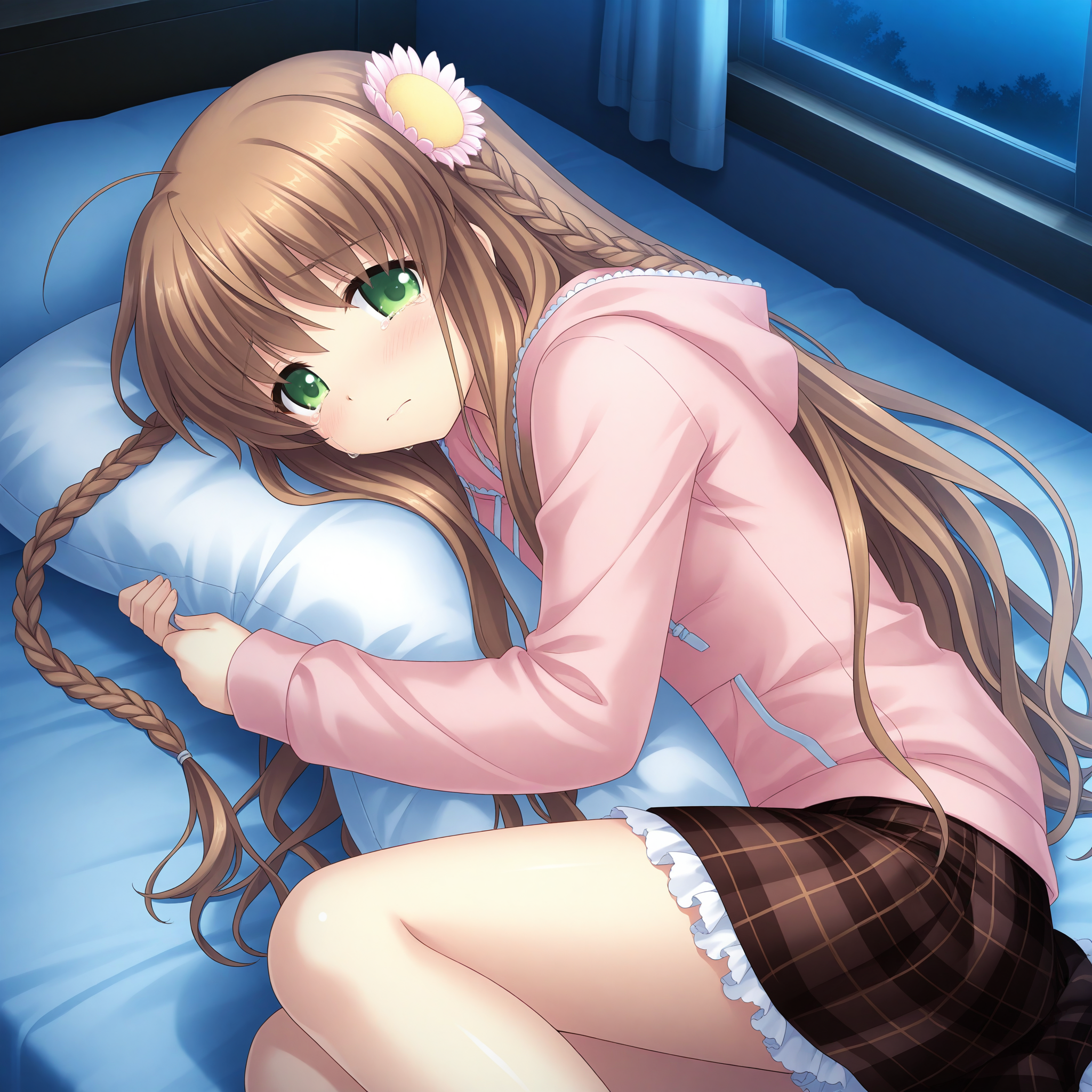 <lora:Kanbe_Kotori_1_nai-000034:1>,official art,
Kanbe Kotori,twin braids,hair flower,
hood down,pink hoodie,long sleeves,plaid skirt,brown skirt,miniskirt,frilled skirt,
1girl,solo,crying,on bed,holding pillow,closed mouth,looking at viewer,night,