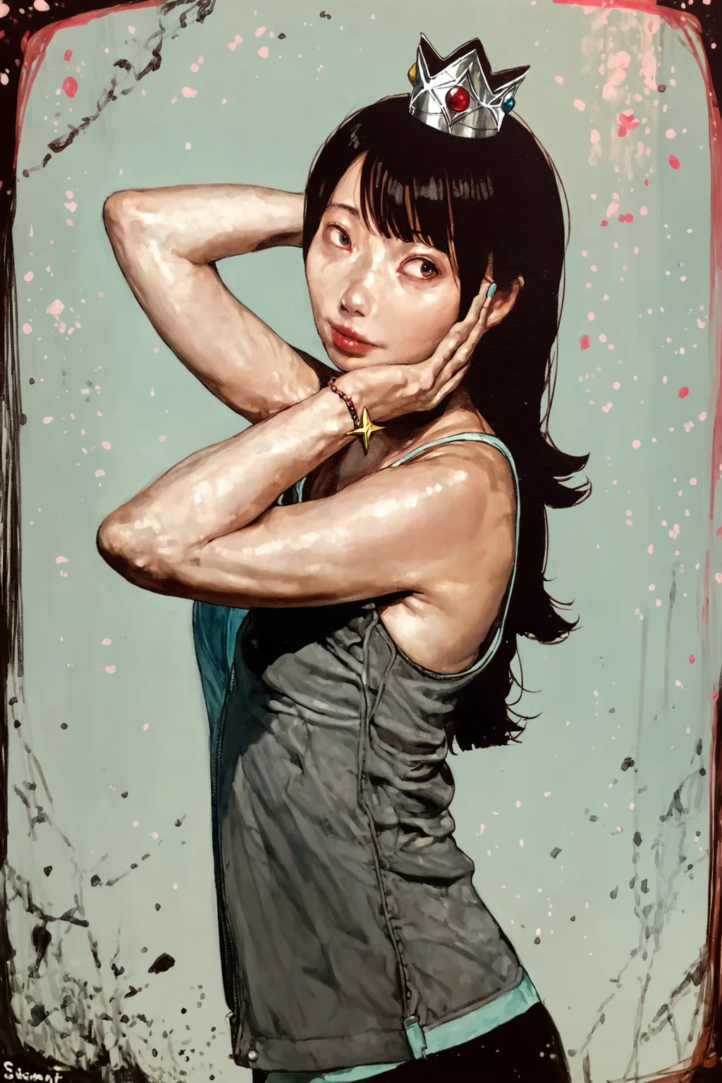 score_9, score_8_up, score_7_up, rosalina, mini crown , pale skin, slander body,, solo, solo focus, portrait, simple background, Standing with arms folded behind the head, <lora:satou_t:1.5>, satou t, asian,realisticâââ
