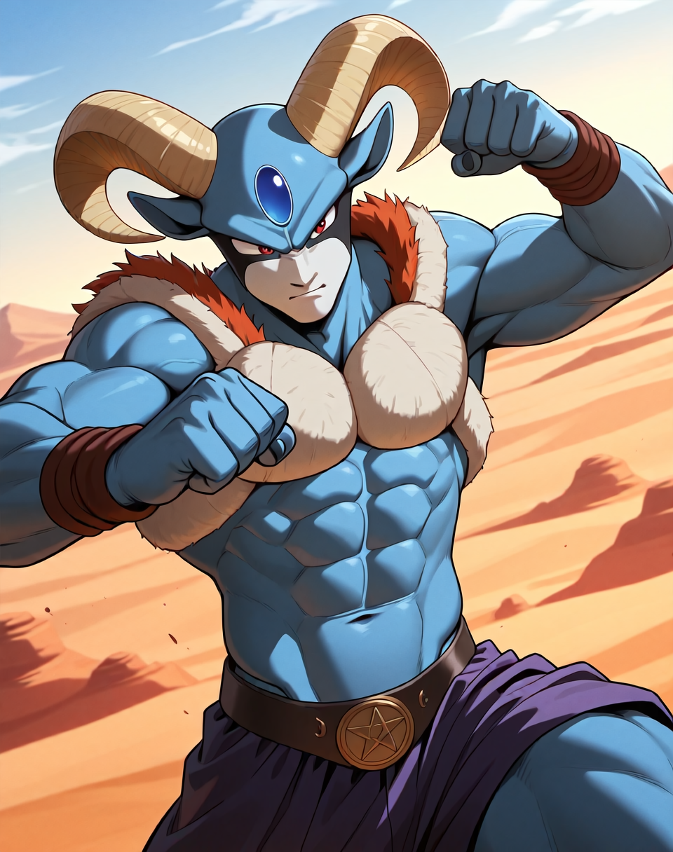 <lora:Moro_4th_Form_(Dragonball_Z)_(Illustrious)_(AD):1.3> Moro, muscular, goat,
dutch angle, exterior, desert, sky with detailed clouds,
male focus, gradient coloring, solo, cowboy shot, bent leg, blue body, soft shading, abs, punch, kick, 
BREAK very awe, aesthetically pleasing, masterpiece, best quality, amazing quality, very aesthetic, perfect depth of field shot, in'ei, furry_art, source_furry, source_anime,
EZRealPONYXL, zPDXL, Smooth Quality, lazympos, IllustQualXL_Pos,