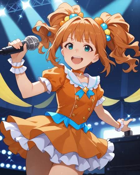 pinup of 1girl, solo, idol concert, singing on stage, cheerful, smile, open mouth, microphone, orange theme, stage lights, white pillar, multicolored neon, large television, glint, light particles,
<lora:TakatsukiYayoi_pony_v1:0.9> tktkyyi, long hair, orange hair, twintails, bangs, aqua eyes, hair ornament, flat chest, small breasts, idol clothes, orange dress, short sleeves, white frills, frilled wristband, skirt, thighs, jewelry, choker,, score_9, score_8_up, score_7_up, source_anime,