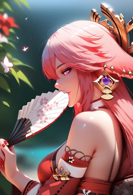 score_9, score_8_up, score_7_up, score_6_up, source_anime,<lora:CCFC 0.3v:1>,1girl, hair ornament, solo, animal ears, jewelry, pink hair, hand fan, holding, holding fan, purple eyes, flower, long hair, hair flower, necklace, fox ears, looking at viewer, folding fan, yae miko, bangs, butterfly, earrings, upper body, blurry, tattoo, bug, blurry background, nail polish, from side, sideways glance, facial mark, profile, pink nails, red flower, red nails, red dress, dress, hairclip, alternate costume, depth of field, breasts, covering mouth,