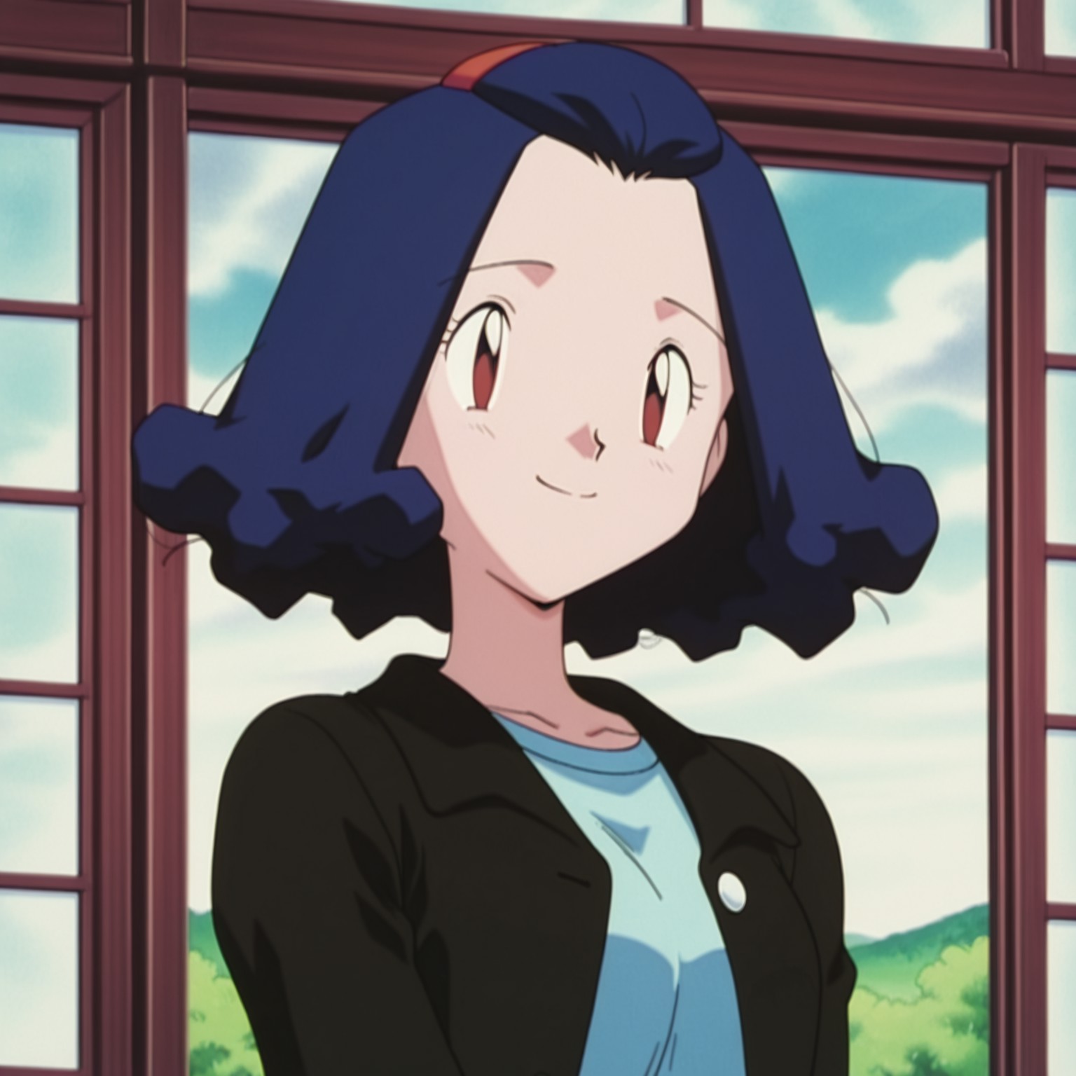 masterpiece, best quality, amazing quality, amazing quality,very aesthetic,absurdres,best quality,newest,masterpiece, breasts, anime screencap, anime artstyle, winking, happy, breasts, anime screencap, anime coloring,safe_pos, safe_pos, score_9, score_8_up, score_7_up,pokemon pokemon priscilla, blue hair, short hair, brown eyes, red eyes, 1990's (style), shirt, dress, black jacket