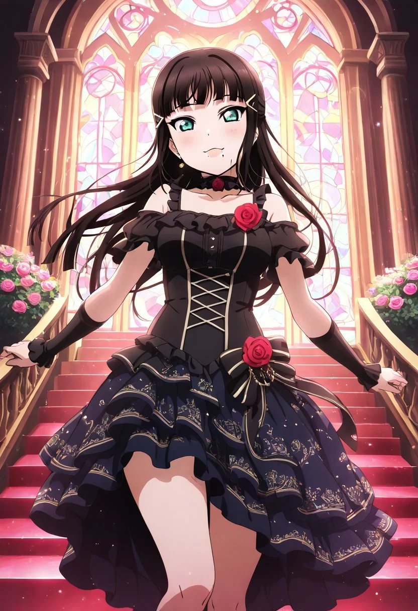 masterpiece, best quality, solo, 1girl, happy, aged up,
dia_kurosawa, kurosawa_dia, long hair, bangs, black hair, hair ornament, green eyes, sidelocks, hairclip, blunt bangs, mole, mole under mouth, medium breasts, skirt, off-shoulder idol outfit, frilled collar, high-low skirt, gothic elegance, rose choker, dim candlelight stage, baroque arches, stained glass in background, elegant ambiance, dramatic and powerful vibe