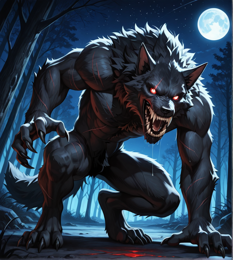 detailed face, detailed body, detailed background, perfect hands, perfect anatomy, masterpiece, high quality, best quality,
 dark forest, night time, stars, moon, standing, looking at viewer, scars, crouching, crawling, approaching, 
w3rewolf, [werewolf], monster, scary, horror, muscular, sharp teeth, black scelra, claws, digitgrade, tail, pitch black fur, black skin, open mouth, drool, saliva, saliva strand, 
<lora:Werewolf for Illustrious:0.75>