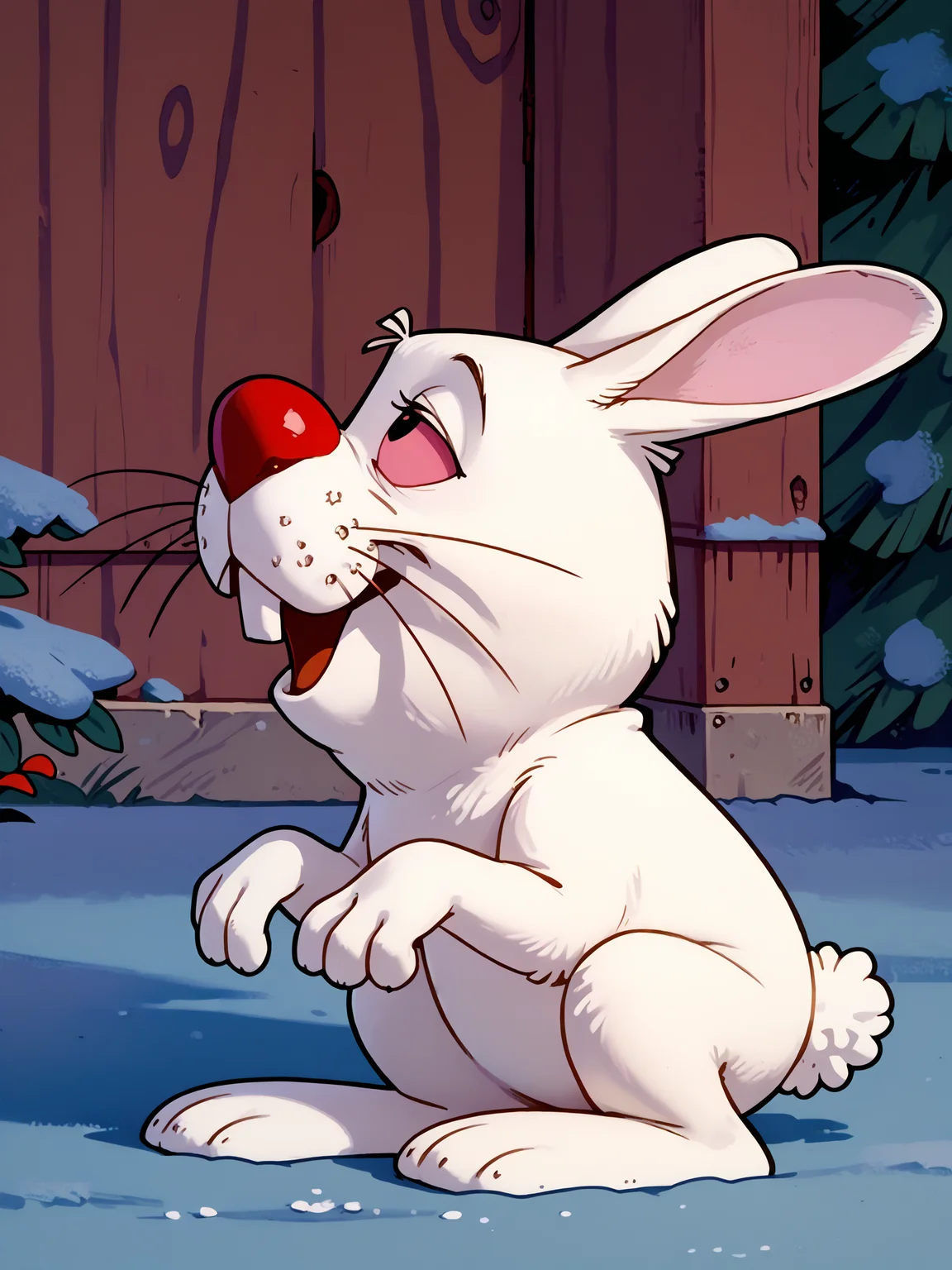<lora:norman_rockwell_style_pony_v6:0.8> norman rockwell style, score_9, score_8_up, score_7_up, score_6_up, <lora:Bunny_-_Frosty_the_Snowman:0.8> bunnyfrostythesnowman, rabbit, no humans, red sclera, buck teeth, whiskers, tail