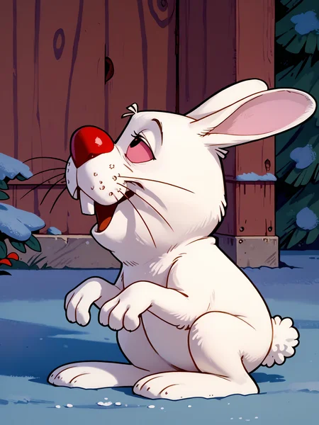 <lora:norman_rockwell_style_pony_v6:0.8> norman rockwell style, score_9, score_8_up, score_7_up, score_6_up,  <lora:Bunny_-_Frosty_the_Snowman:0.8> bunnyfrostythesnowman, rabbit, no humans, red sclera, buck teeth, whiskers, tail