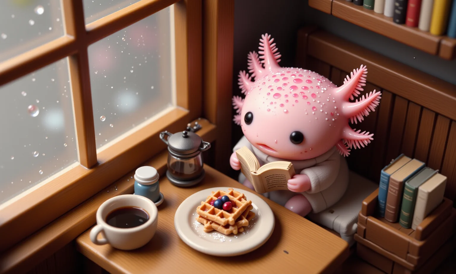 top down tilt shift image of tiny cute anthropomorphized axolotls with pink frilly gills and round black eyes, side view of a pink axolotl in a tiny café nook by a window, reading a miniature book while enjoying a small stack of waffles with powdered sugar and berry compote; its round black eyes are focused on the book, and its frilly gills sway gently as it sips a tiny cup of coffee; raindrops trickle down the window, casting soft, reflective shadows, and the tilt-shift effect blurs the nearby wooden tables, shelves lined with books, and soft lighting, creating a peaceful, cozy reading atmosphere<lora:Axomodel_Flux_V2.safetensors:1.0:1.0> <lora:isometric.safetensors:1:1>