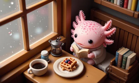 top down tilt shift image of tiny cute anthropomorphized axolotls with pink frilly gills and round black eyes, side view of a pink axolotl in a tiny café nook by a window, reading a miniature book while enjoying a small stack of waffles with powdered sugar and berry compote; its round black eyes are focused on the book, and its frilly gills sway gently as it sips a tiny cup of coffee; raindrops trickle down the window, casting soft, reflective shadows, and the tilt-shift effect blurs the nearby wooden tables, shelves lined with books, and soft lighting, creating a peaceful, cozy reading atmosphere<lora:Axomodel_Flux_V2.safetensors:1.0:1.0> <lora:isometric.safetensors:1:1>