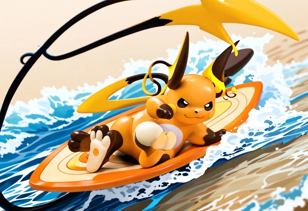 score_9, score_7_up, source_furry, rating_safe, solo, <lora:POKEMON_RAICHU_r1:1> raichu, pokemon, brown toes, brown feet, tan soles, pokemon (creature), 3 toes, foot focus, feet style, foot style, water, surfing, feet on surfboard, wet on feet, close-up
