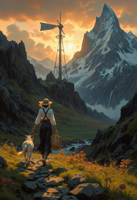 8k high quality digital painting , masterpiece, very detailed, ultra realistic, (best quality) very detailed epic masterpiece, 
unearthly beautiful, a breathtakingly beautiful landscape in the French Alps, in the foreground a woman carries a basket under her arm to a windmill on a path, a dog follows her, the low yellow-red sun casts long shadows, enchanting landscape, fairytale-like, calm mood, flowers in the foreground, realistic
