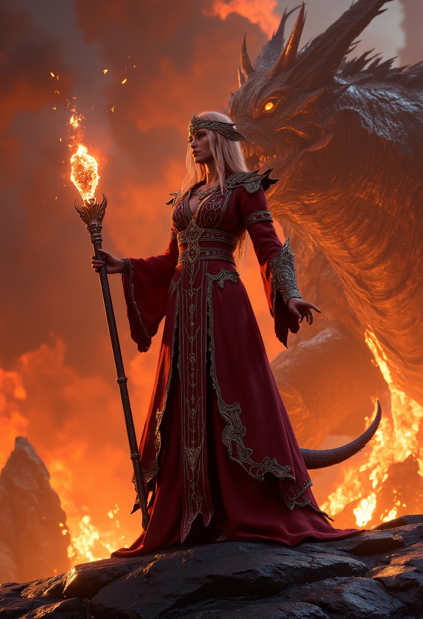 A dragon priestess, her deep crimson robes embroidered with ancient draconic runes, stands upon a volcanic summit, her obsidian-studded staff burning with ember-like energy. Her eyes gleam with the wisdom of centuries, her dark lips moving in whispered prayers to the beasts of old. Behind her, the sky erupts in fire, and from the molten depths, the head of a colossal dragon rises, its molten eyes locked onto her as it bows in reverence.
,aidmabaldursgate3, aidmamj6.1,