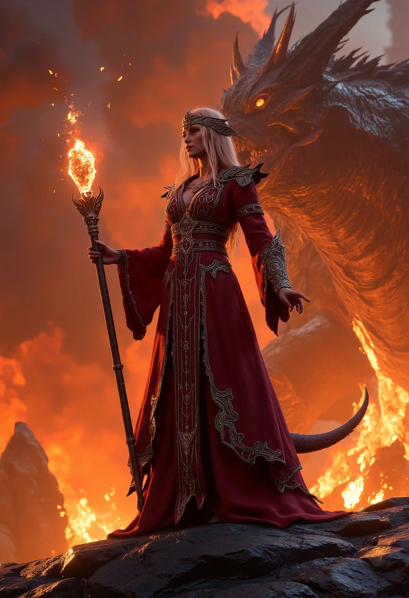 A dragon priestess, her deep crimson robes embroidered with ancient draconic runes, stands upon a volcanic summit, her obsidian-studded staff burning with ember-like energy. Her eyes gleam with the wisdom of centuries, her dark lips moving in whispered prayers to the beasts of old. Behind her, the sky erupts in fire, and from the molten depths, the head of a colossal dragon rises, its molten eyes locked onto her as it bows in reverence.
,aidmabaldursgate3, aidmamj6.1,