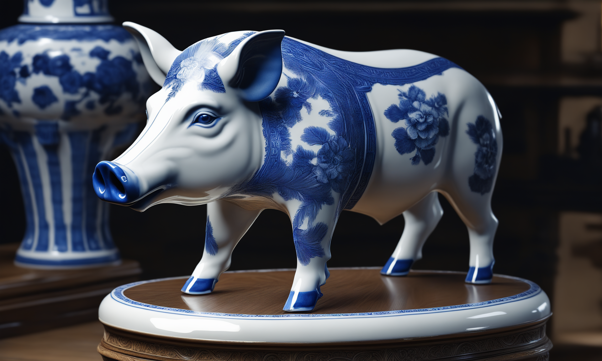 <lora:bwporcelaincd_xl-000007:0.7>, a statue of a boar standing on a table made of (bwporcelaincd_xl, blue and white porcelain, porcelain:1.2, shiny:1.3, solo:1.3) in office, indoors, full body, chinese zodiac, cutie, cute, still life, animal statue, front view, facing viewer, looking at viewer, (Unbelievable Digital Artwork:1.3), CGSociety, ArtStation, master works, 8K,HDR,UHD,masterpiece,best quality,highly detailed,emotional,harmonious,high budget,moody,epic,gorgeous,high resolution,perfect lighting,finely detail,extremely detailed,ultra detailed,realistic,photorealistic,huge filesize,photographic,real,wallpaper,moody lighting,volumetric lighting,reality ray tracing
