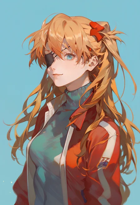 score_9, score_8_up, score_7_up, score_6_up <lora:reiXL_AutC_lokr_V43P1:0.95> 1girl, souryuu asuka langley, solo, blue eyes, long hair, eyepatch, jacket, plugsuit, track jacket, blue background, simple background, red jacket, upper body, turtleneck, closed mouth, looking at viewer, orange hair, smile, lips, floating hair, hair ornament