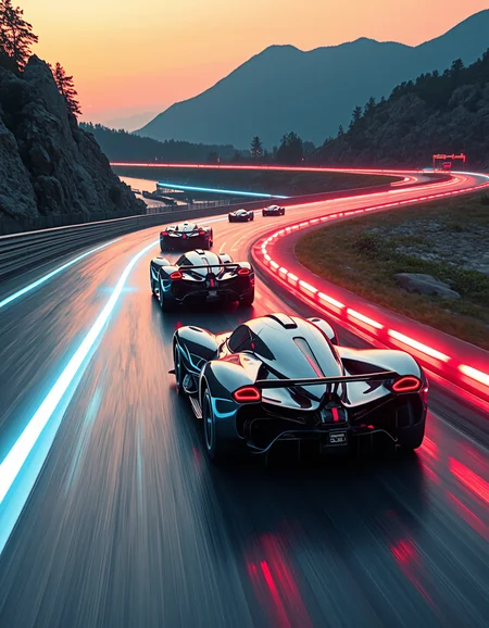 Imagine an image of a futuristic race track where sleek, high-speed vehicles leave glowing trails behind them.