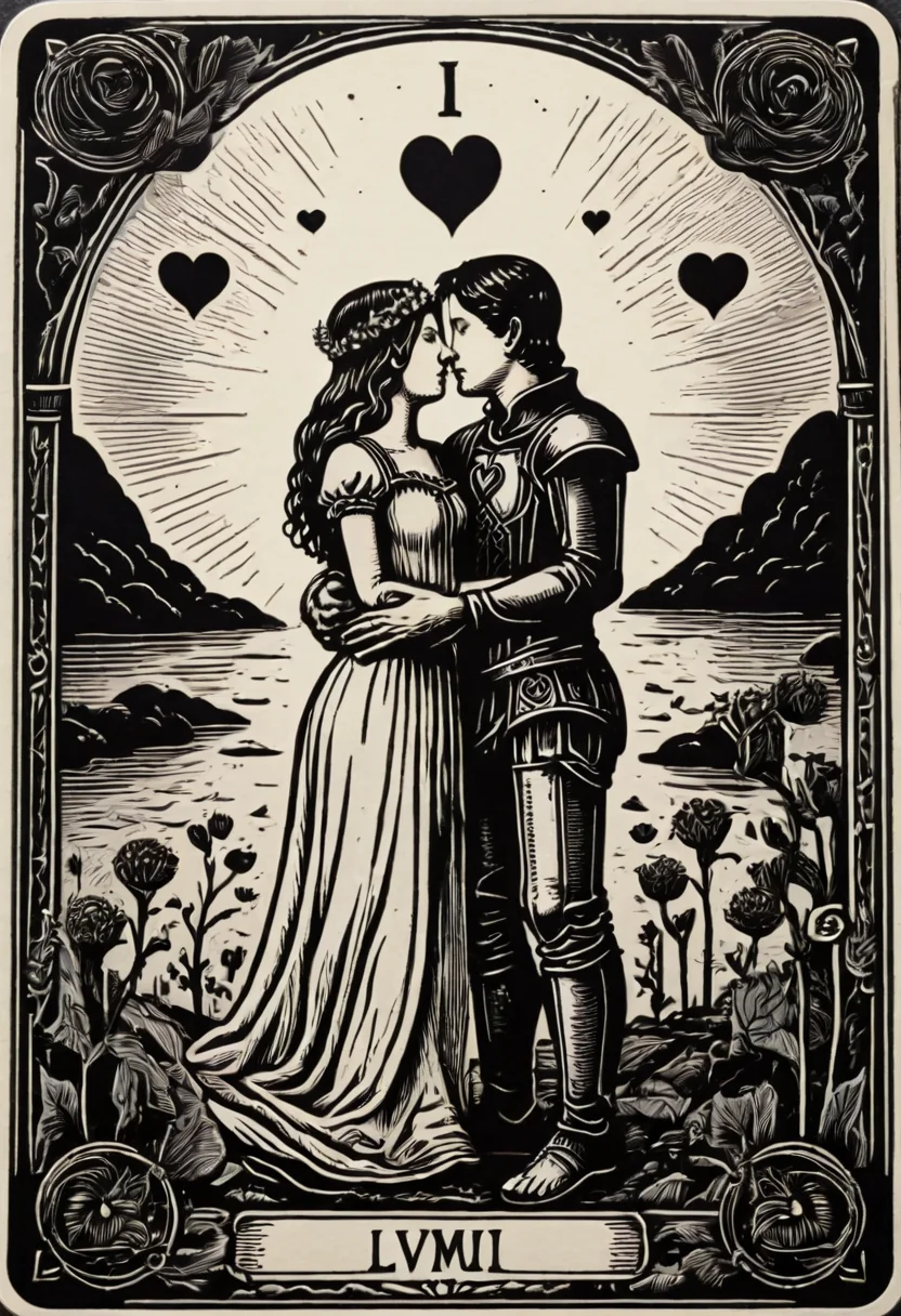 tarot_card, lovers, front perspective, flat, frame,( square:1.1), (white outline:1.2) <lora:tarot_card:1>