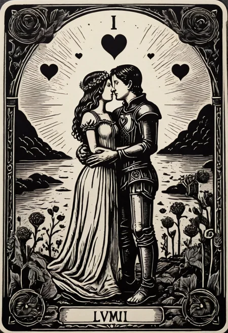 tarot_card, lovers, front perspective, flat, frame,( square:1.1), (white outline:1.2) <lora:tarot_card:1>