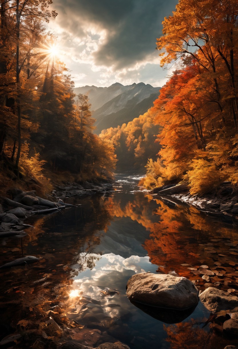 Breathtaking views, nostalgia, detailed landscape, captivating, a harmony of nostalgia and innovation, great lighting, Nature, autumn leaves, fall, forests, campfire a rivers, the light from fire lit up the river, sun, sunlight, beautiful rivers, double exposure, beautiful view, mysterious glow, beautiful clouds, depth of field, masterpiece, best quality, 8k, ultra-detailed, very aesthetic, illustration, superb composition, finest details, , intricate details, absurdres, high contrast, RAW, concept art,