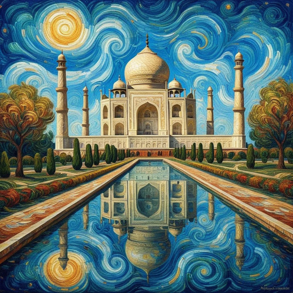 The Taj Mahal reimagined as a painting in the style of Vincent van Gogh. The iconic structure is depicted with bold, textured brushstrokes that bring a dynamic energy to its serene beauty. The white marble domes and minarets are rendered with soft swirls and layered strokes of cream, gray, and subtle blues, giving them depth and movement.
The surrounding gardens and reflecting pool are alive with expressive strokes of greens and blues, while the sky above is a dramatic swirl of Van Gogh's signature yellows, golds, and deep blues, creating a vibrant, starry backdrop. The painting captures the ethereal elegance of the Taj Mahal, blending its timeless architecture with the emotive, flowing artistry of Van Gogh, resulting in a dreamlike and evocative composition, oil painting, mad-vangoghian