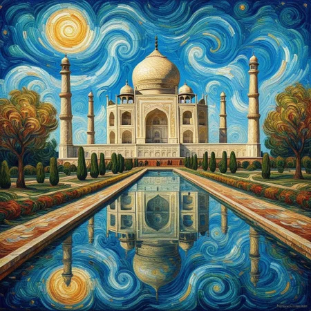 The Taj Mahal reimagined as a painting in the style of Vincent van Gogh. The iconic structure is depicted with bold, textured brushstrokes that bring a dynamic energy to its serene beauty. The white marble domes and minarets are rendered with soft swirls and layered strokes of cream, gray, and subtle blues, giving them depth and movement.
The surrounding gardens and reflecting pool are alive with expressive strokes of greens and blues, while the sky above is a dramatic swirl of Van Gogh's signature yellows, golds, and deep blues, creating a vibrant, starry backdrop. The painting captures the ethereal elegance of the Taj Mahal, blending its timeless architecture with the emotive, flowing artistry of Van Gogh, resulting in a dreamlike and evocative composition, oil painting, mad-vangoghian