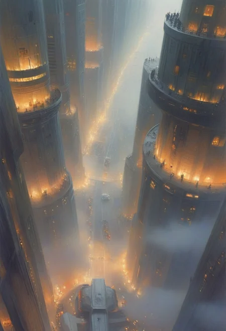 ((High angle From above, camera from above, Bird's-eye view, aerial shot view)), professional concept-art painting, (famous artwork by alan lee, john howe, jim burns, john harris), Blade Runner and Roman Empire mashup, looking down from digital imperial tower, foggy city below, stone and glass buildings, many people swarming below, low hanging mist, lights piercing upwards through the fog, lights of emergency vehicles below, looking down from a balcony