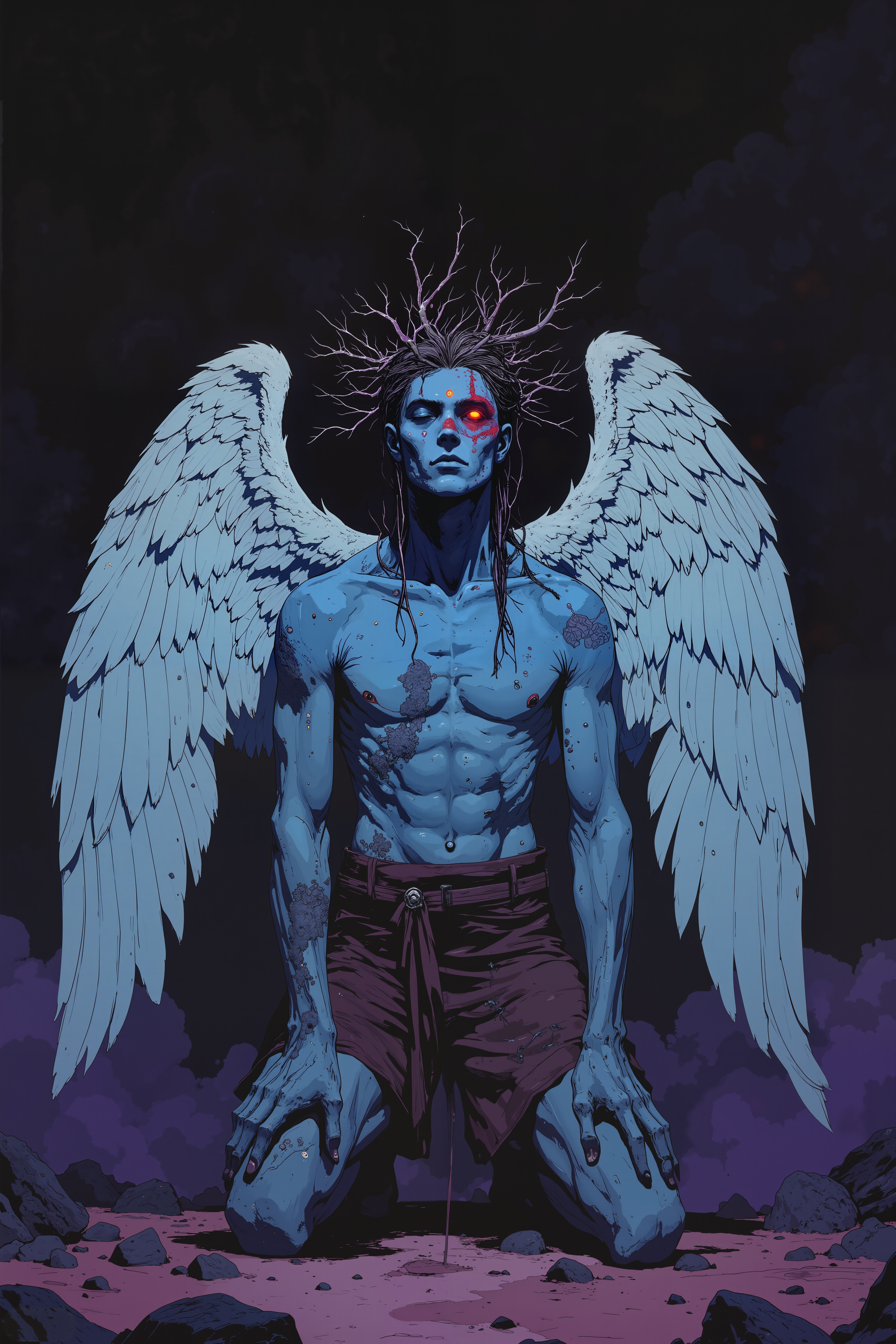 a surreal, ethereal figure of a male angel-like creature. The figure is kneeling on a dark, smoky ground, with a deep, dark background that transitions from black to shades of purple and blue, giving an almost cosmic feel to the scene. The creature has a striking, almost otherworldly appearance with pale blue skin and large, white feathered wings that span out dramatically on either side. The wings are detailed with individual feathers and a sense of movement, as if in flight.The figure's face is strikingly painted with dark, tribal-like markings, particularly a red mark on the forehead that resembles a third eye. His eyes are closed, adding to the serene, contemplative expression. The creature's body is muscular and lean, with a slight hint of a six-pack visible through the skin. He is wearing minimal clothing, with only a loincloth-like garment that is a deep, earthy brown.On his head, there is a complex crown composed of intertwined arrangement of branches and twigs, suggesting a connection to nature or a spiritual realm. The overall mood of the image is mystical and introspective, with a blend of realism and fantasy elements.,in the style of cksc,anime, cyberpunk, DB4RZ, DB4RZ style painting <lora:CPA:0.5><lora:FLUX-daubrez-DB4RZ:0.3><lora:Luminous_Shadowscape-000016:0.3><lora:ck-shadow-circuit-000021:0.35>