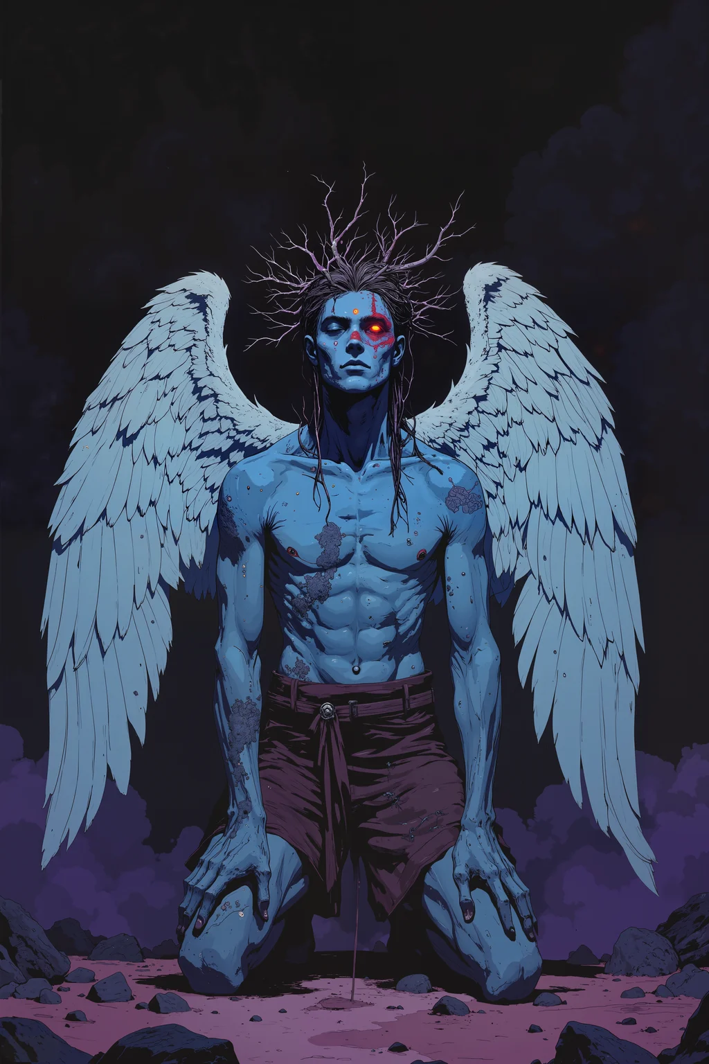 a surreal, ethereal figure of a male angel-like creature. The figure is kneeling on a dark, smoky ground, with a deep, dark background that transitions from black to shades of purple and blue, giving an almost cosmic feel to the scene. The creature has a striking, almost otherworldly appearance with pale blue skin and large, white feathered wings that span out dramatically on either side. The wings are detailed with individual feathers and a sense of movement, as if in flight.The figure's face is strikingly painted with dark, tribal-like markings, particularly a red mark on the forehead that resembles a third eye. His eyes are closed, adding to the serene, contemplative expression. The creature's body is muscular and lean, with a slight hint of a six-pack visible through the skin. He is wearing minimal clothing, with only a loincloth-like garment that is a deep, earthy brown.On his head, there is a complex crown composed of intertwined arrangement of branches and twigs, suggesting a connection to nature or a spiritual realm. The overall mood of the image is mystical and introspective, with a blend of realism and fantasy elements.,in the style of cksc,anime, cyberpunk, DB4RZ, DB4RZ style painting <lora:CPA:0.5><lora:FLUX-daubrez-DB4RZ:0.3><lora:Luminous_Shadowscape-000016:0.3><lora:ck-shadow-circuit-000021:0.35>